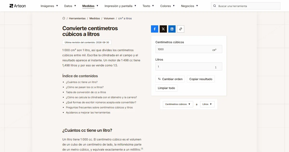 Captura de pantalla de la herramienta gratuita de Arteon: Convierte centímetros cúbicos a litros