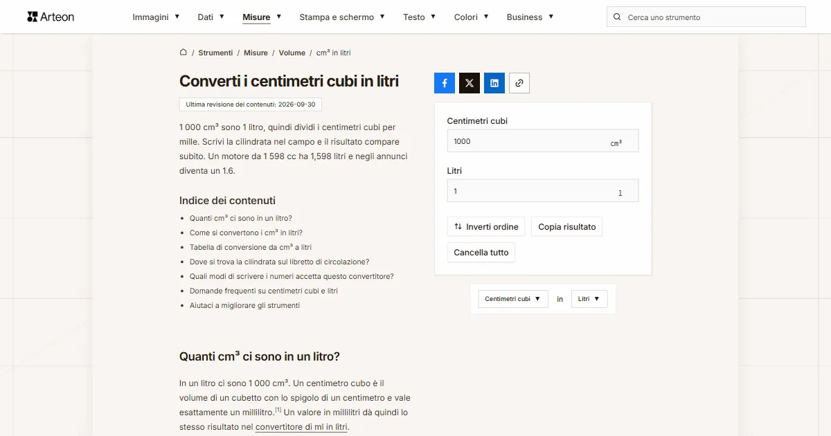 Screenshot dello strumento gratuito Arteon: Converti i centimetri cubi in litri