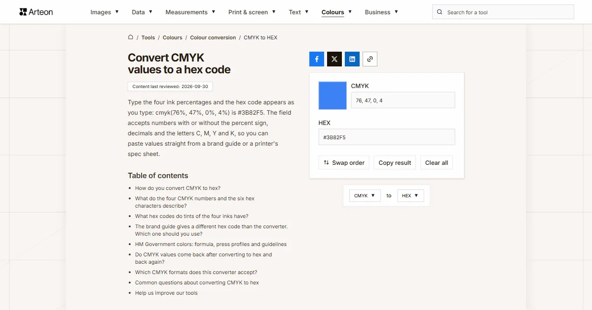 Arteon free tool screenshot: Convert CMYK values to a hex code
