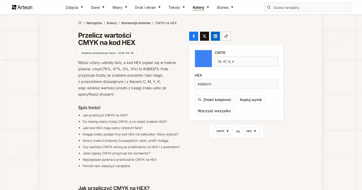 Zrzut ekranu darmowego narzędzia Arteon: Przelicz wartości CMYK na kod HEX