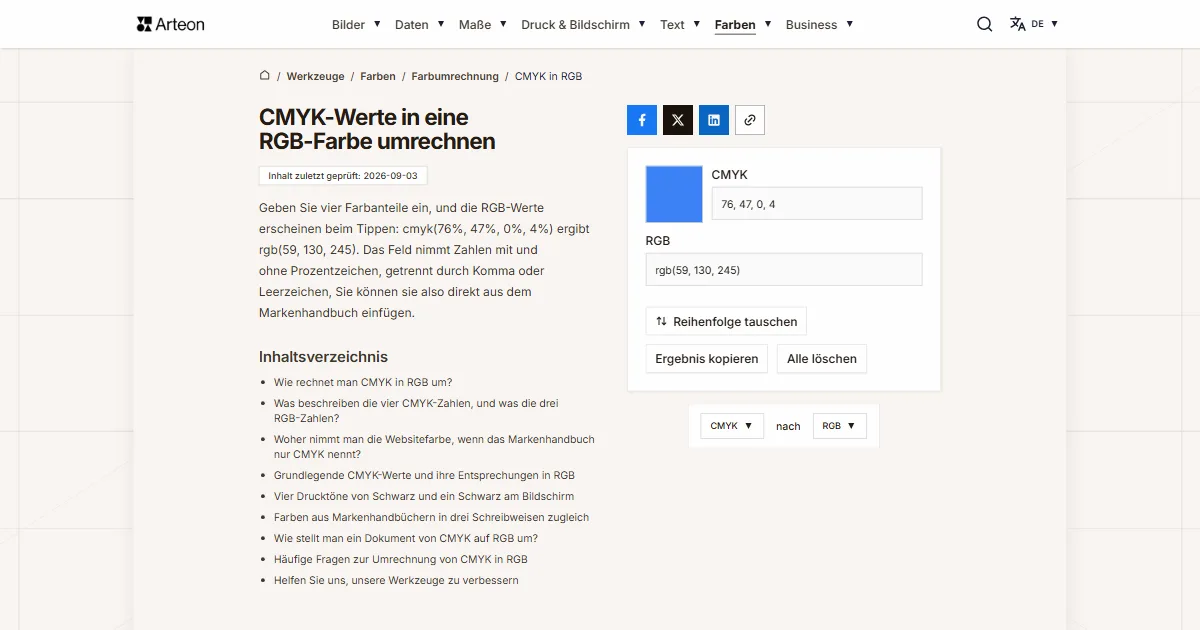 Screenshot des kostenlosen Arteon-Werkzeugs: CMYK-Werte in eine RGB-Farbe umrechnen