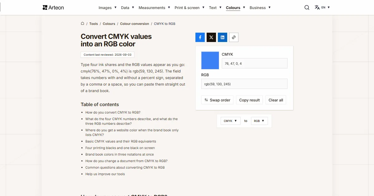 Arteon free tool screenshot: Convert CMYK values into an RGB color