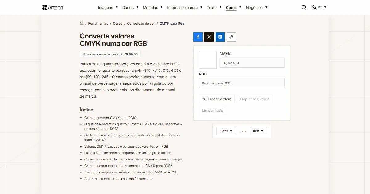 Captura de ecrã da ferramenta gratuita da Arteon: Converta valores CMYK numa cor RGB