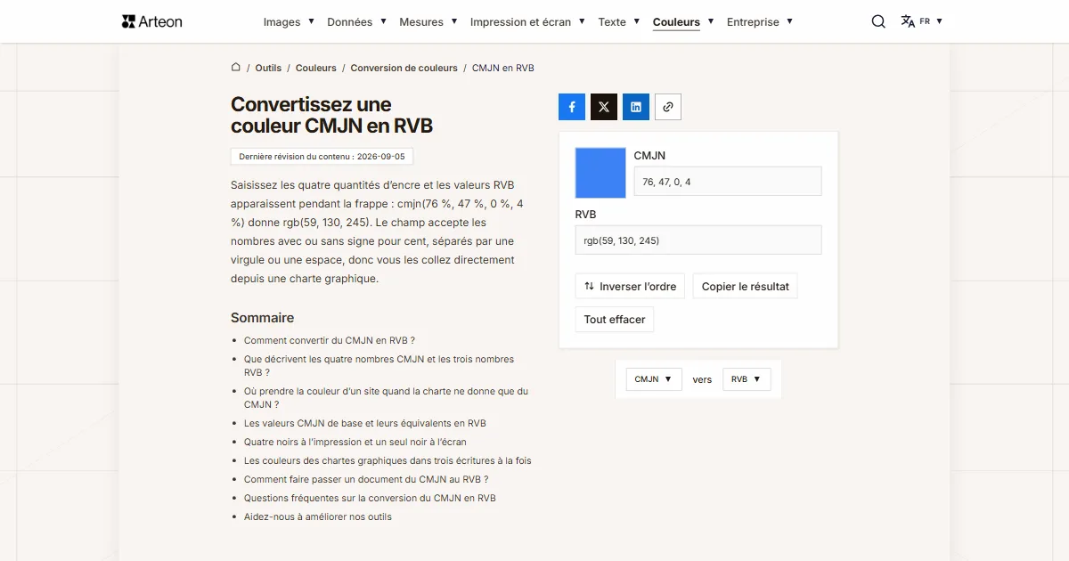 Capture d'écran de l'outil gratuit d'Arteon: Convertissez une couleur CMJN en RVB