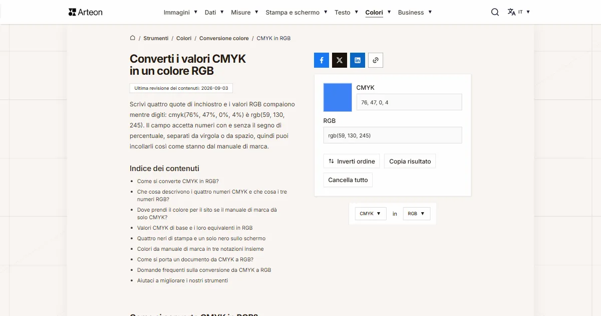 Screenshot dello strumento gratuito Arteon: Converti i valori CMYK in un colore RGB