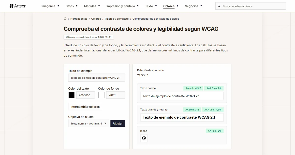 Captura de pantalla de la herramienta gratuita de Arteon: Comprueba el contraste de colores y legibilidad según WCAG