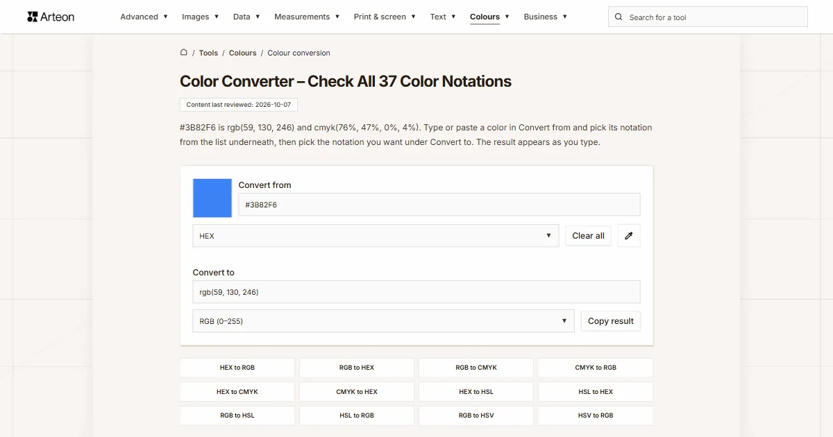 Arteon free tool screenshot: Color Converter – Check All 37 Color Notations