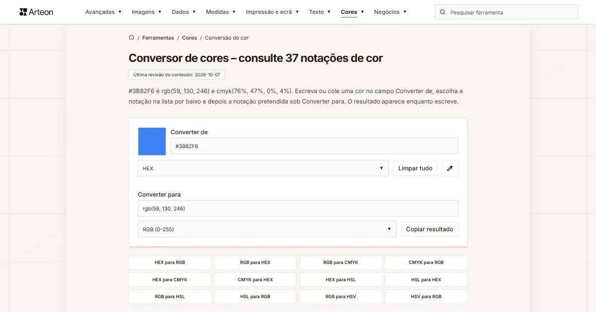 Captura de ecrã da ferramenta gratuita da Arteon: Conversor de cores – consulte 37 notações de cor