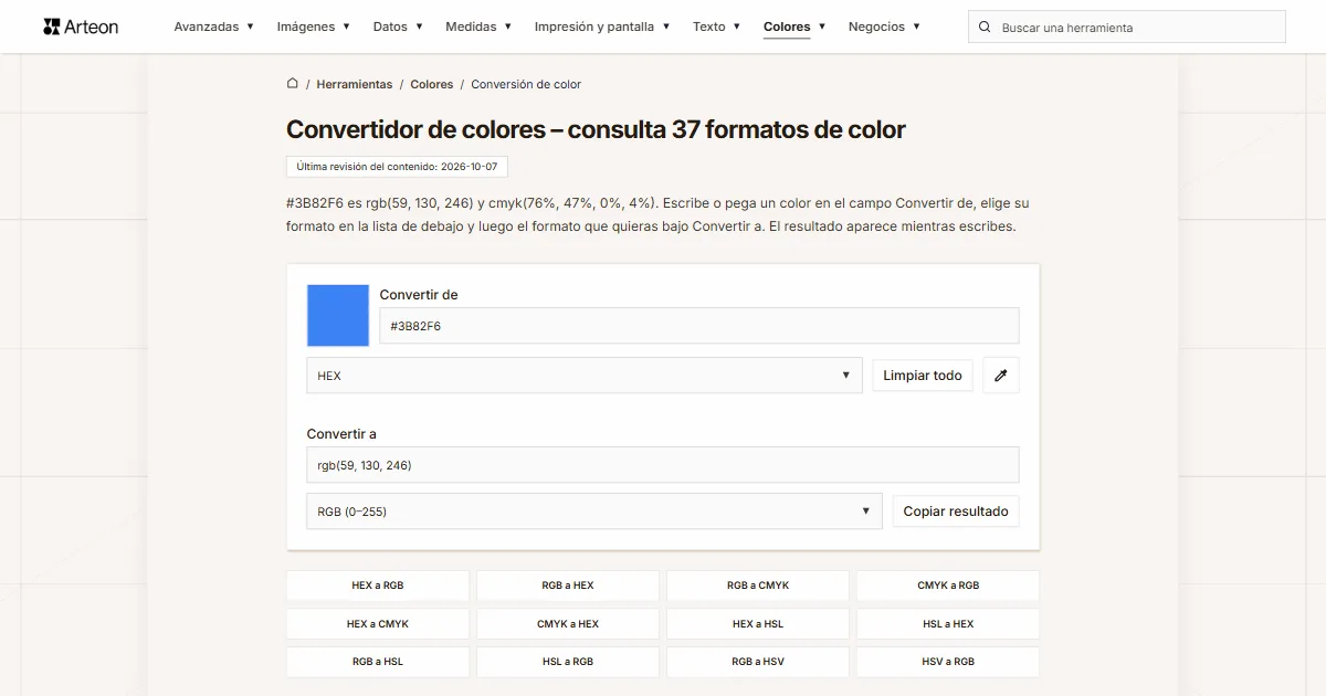 Captura de pantalla de la herramienta gratuita de Arteon: Convertidor de colores – consulta 37 formatos de color