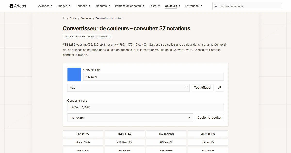 Capture d'écran de l'outil gratuit d'Arteon: Convertisseur de couleurs – consultez 37 notations