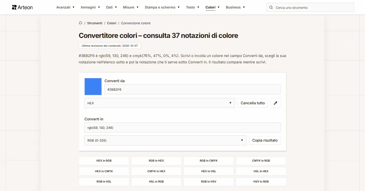 Screenshot dello strumento gratuito Arteon: Convertitore colori – consulta 37 notazioni di colore