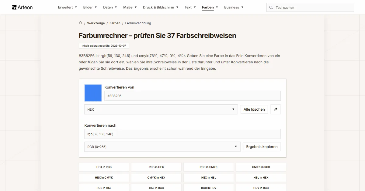 Screenshot des kostenlosen Arteon-Werkzeugs: Farbumrechner – prüfen Sie 37 Farbschreibweisen