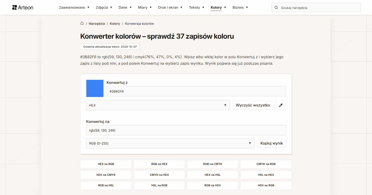 Zrzut ekranu darmowego narzędzia Arteon: Konwerter kolorów – sprawdź 37 zapisów koloru