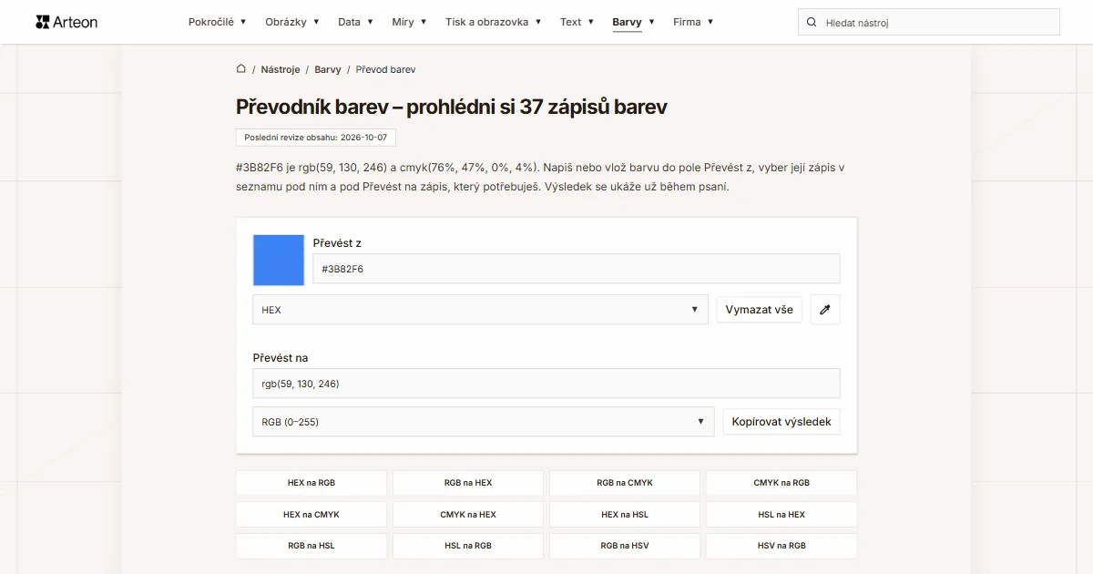 Snímek obrazovky bezplatného nástroje Arteon: Převodník barev – prohlédni si 37 zápisů barev
