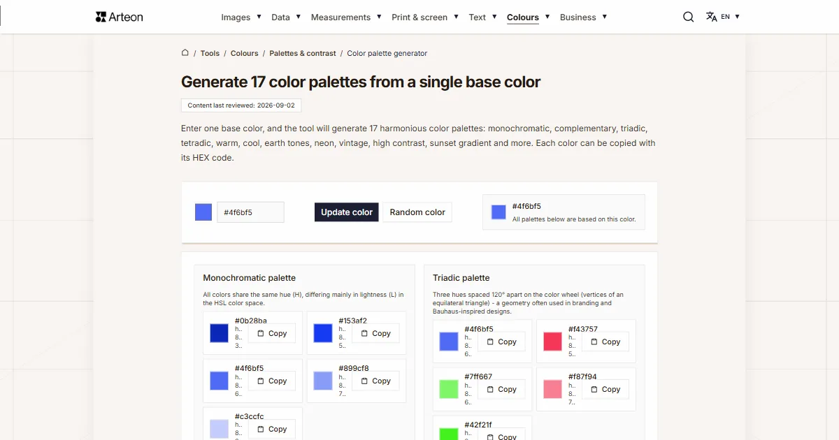 Arteon free tool screenshot: Generate 17 color palettes from a single base color