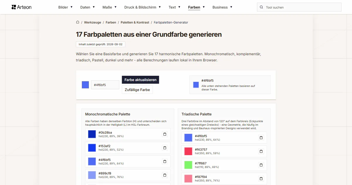 Screenshot des kostenlosen Arteon-Werkzeugs: 17 Farbpaletten aus einer Grundfarbe generieren
