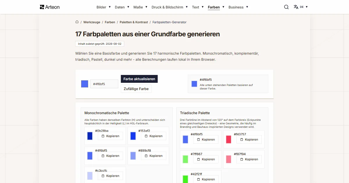 Screenshot des kostenlosen Arteon-Werkzeugs: 17 Farbpaletten aus einer Grundfarbe generieren