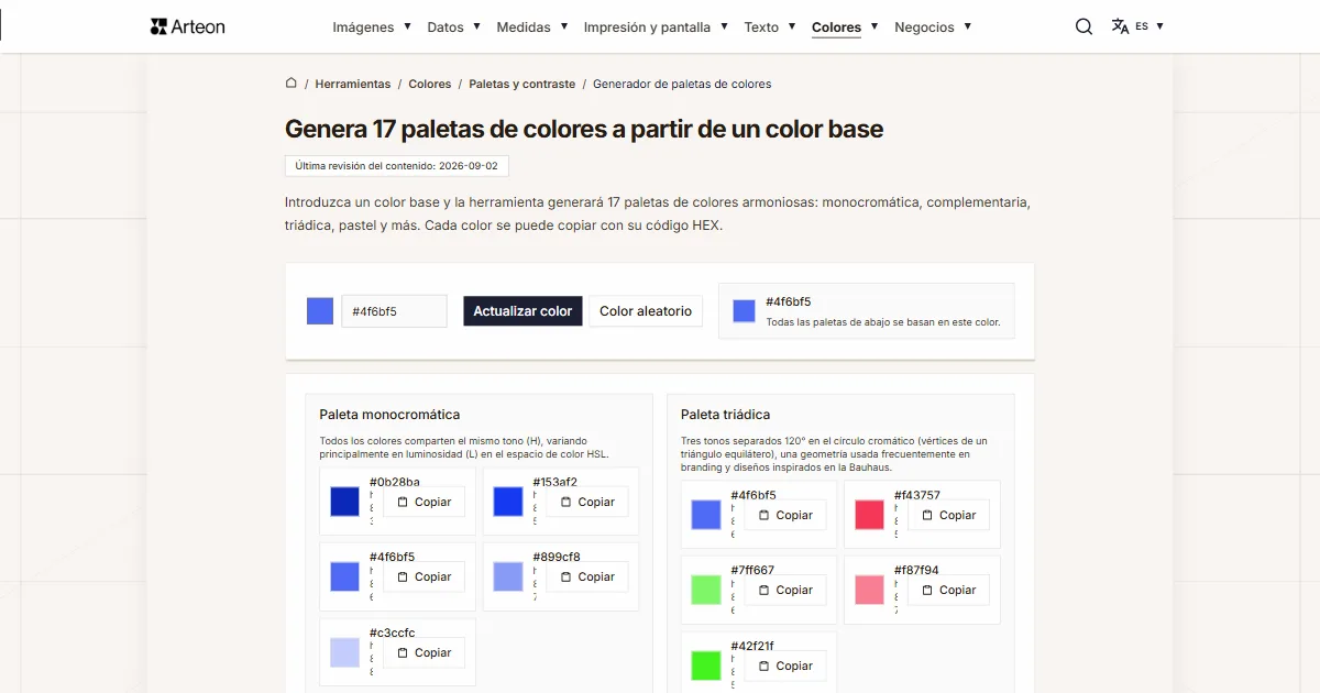 Captura de pantalla de la herramienta gratuita de Arteon: Genera 17 paletas de colores a partir de un color base