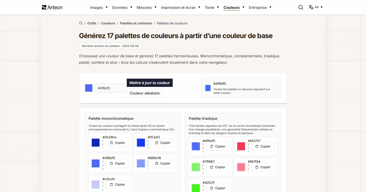 Capture d'écran de l'outil gratuit d'Arteon: Générez 17 palettes de couleurs à partir d’une couleur de base