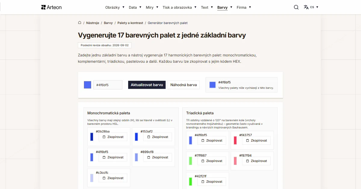 Snímek obrazovky bezplatného nástroje Arteon: Vygenerujte 17 barevných palet z jedné základní barvy