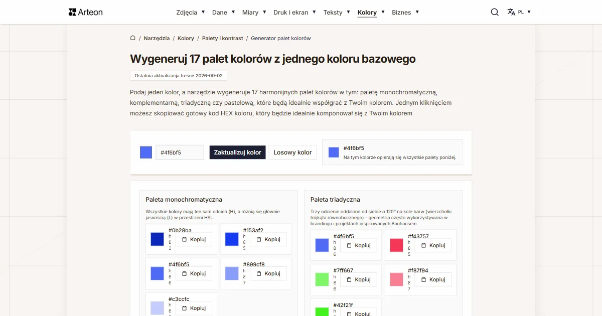 Zrzut ekranu darmowego narzędzia Arteon: Wygeneruj 17 palet kolorów z jednego koloru bazowego