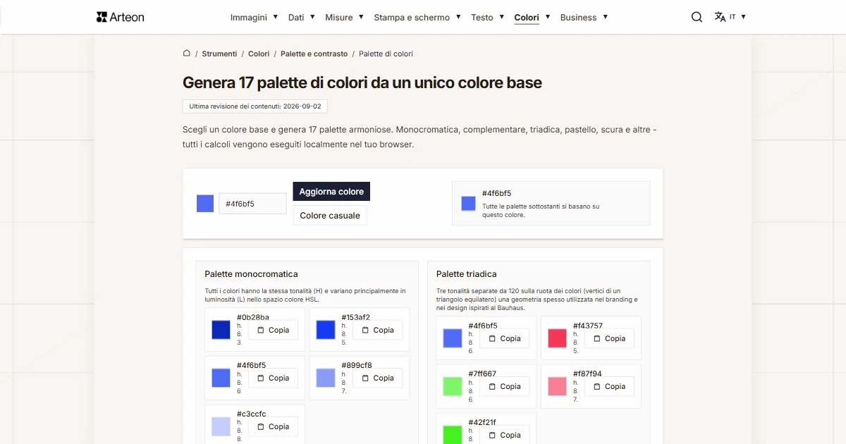 Screenshot dello strumento gratuito Arteon: Genera 17 palette di colori da un unico colore base