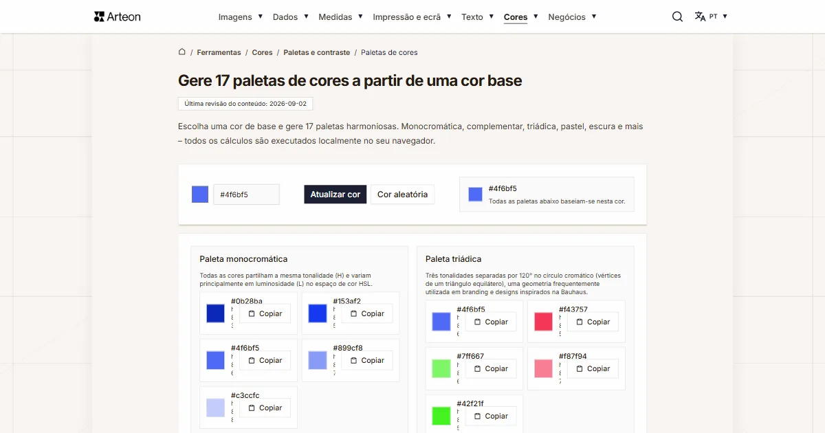 Captura de ecrã da ferramenta gratuita da Arteon: Gere 17 paletas de cores a partir de uma cor base