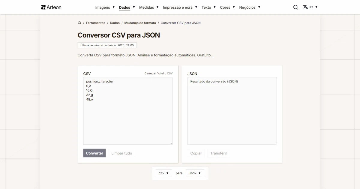 Captura de ecrã da ferramenta gratuita da Arteon: Conversor CSV para JSON