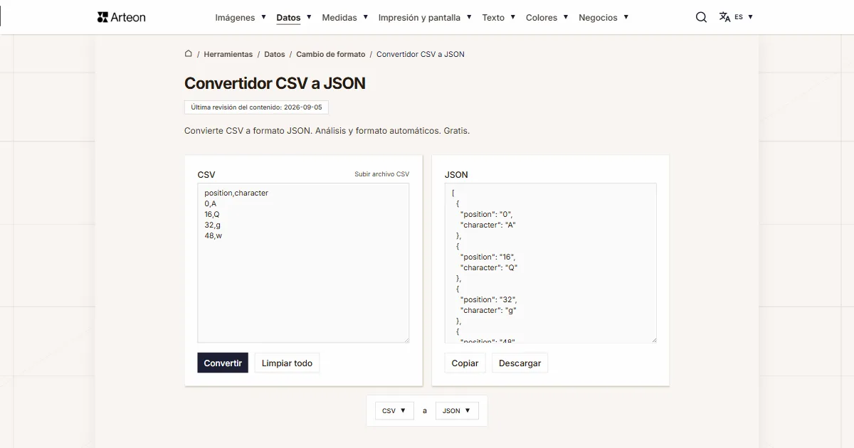 Captura de pantalla de la herramienta gratuita de Arteon: Convertidor CSV a JSON