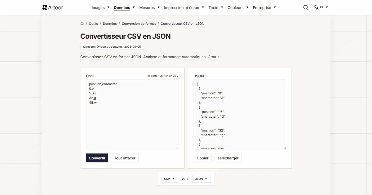 Capture d'écran de l'outil gratuit d'Arteon: Convertisseur CSV en JSON