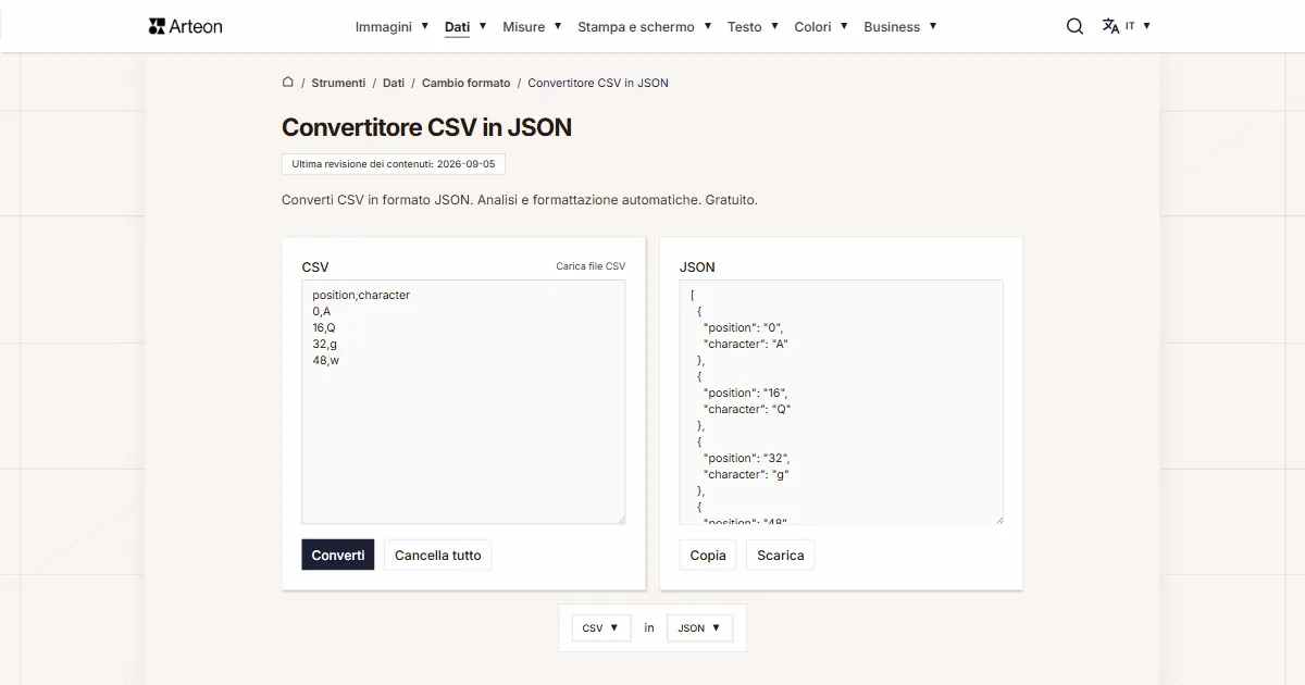 Screenshot dello strumento gratuito Arteon: Convertitore CSV in JSON