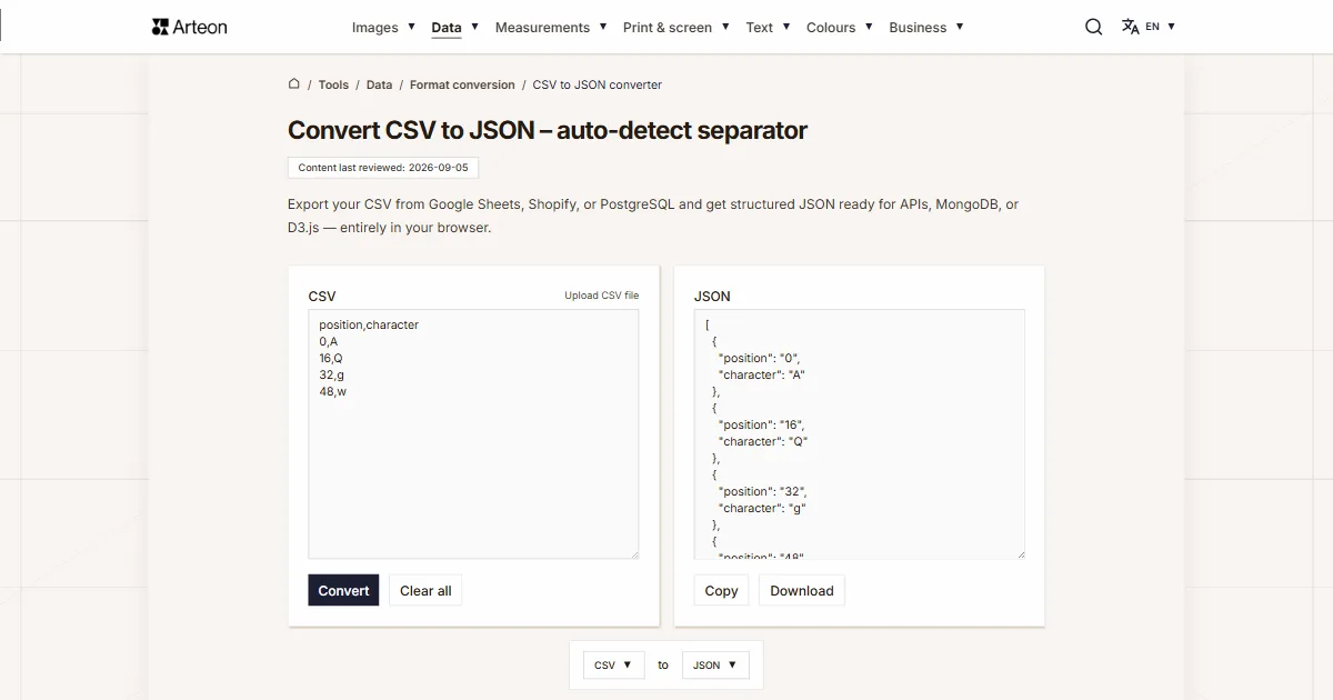 Arteon free tool screenshot: Convert CSV to JSON – auto-detect separator
