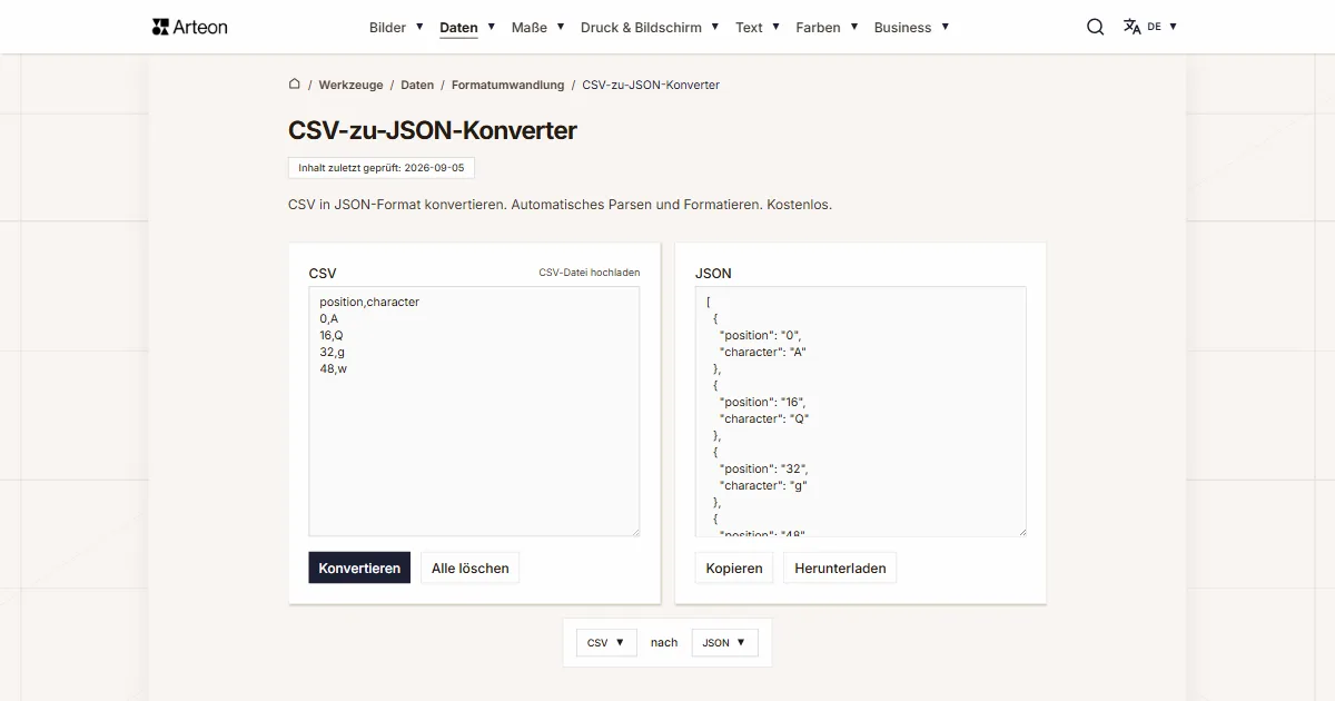 Screenshot des kostenlosen Arteon-Werkzeugs: CSV-zu-JSON-Konverter
