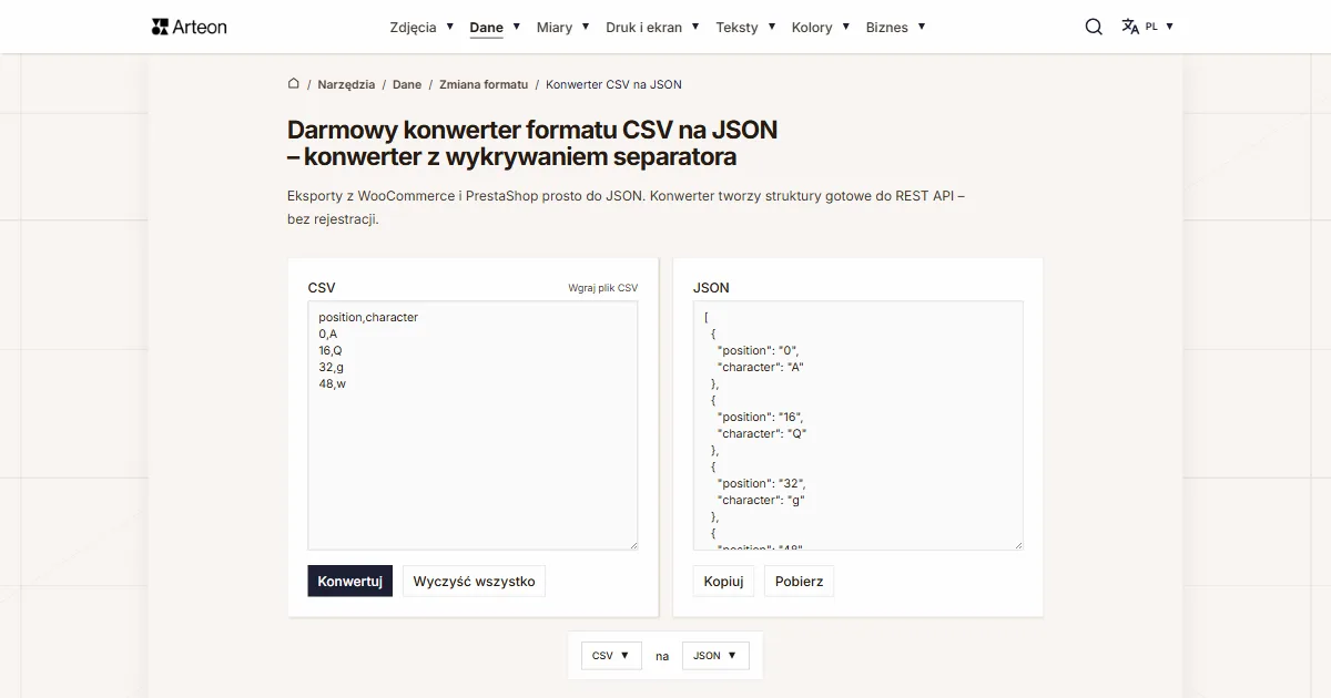 Zrzut ekranu darmowego narzędzia Arteon: Darmowy konwerter formatu CSV na JSON – konwerter z wykrywaniem separatora