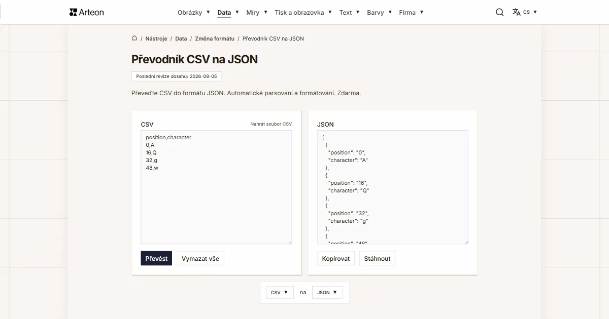 Snímek obrazovky bezplatného nástroje Arteon: Převodník CSV na JSON