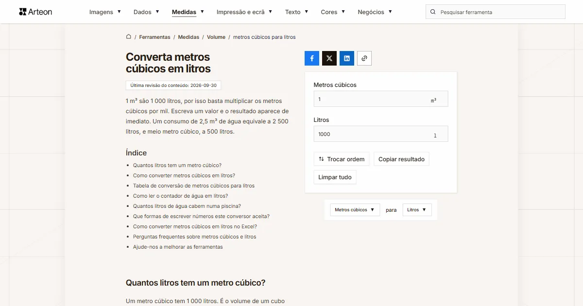 Captura de ecrã da ferramenta gratuita da Arteon: Converta metros cúbicos em litros
