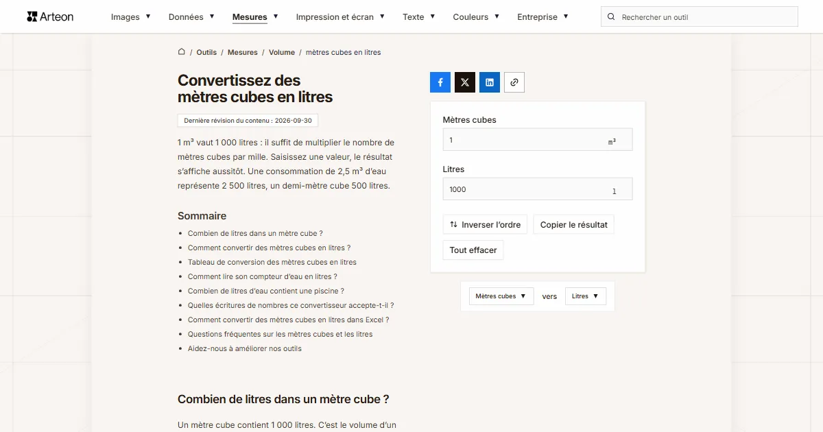 Capture d'écran de l'outil gratuit d'Arteon: Convertissez des mètres cubes en litres