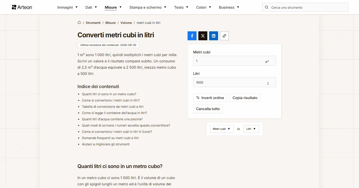 Screenshot dello strumento gratuito Arteon: Converti metri cubi in litri