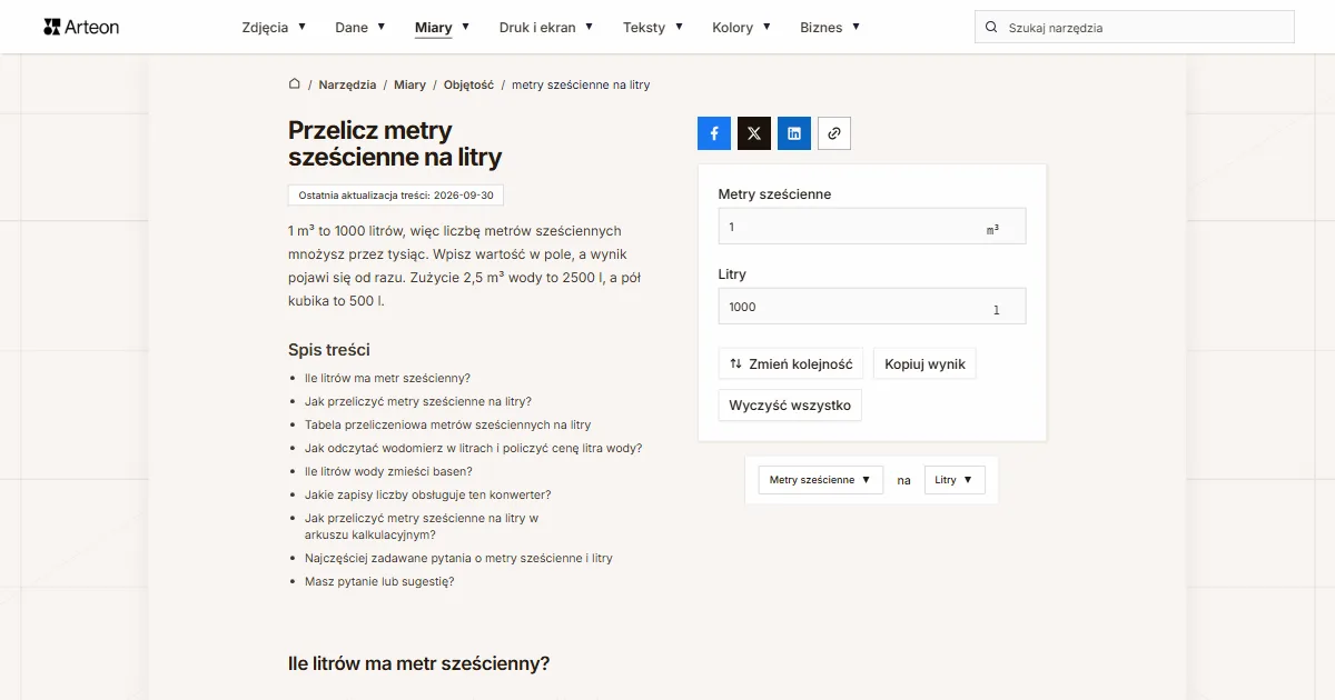 Zrzut ekranu darmowego narzędzia Arteon: Przelicz metry sześcienne na litry