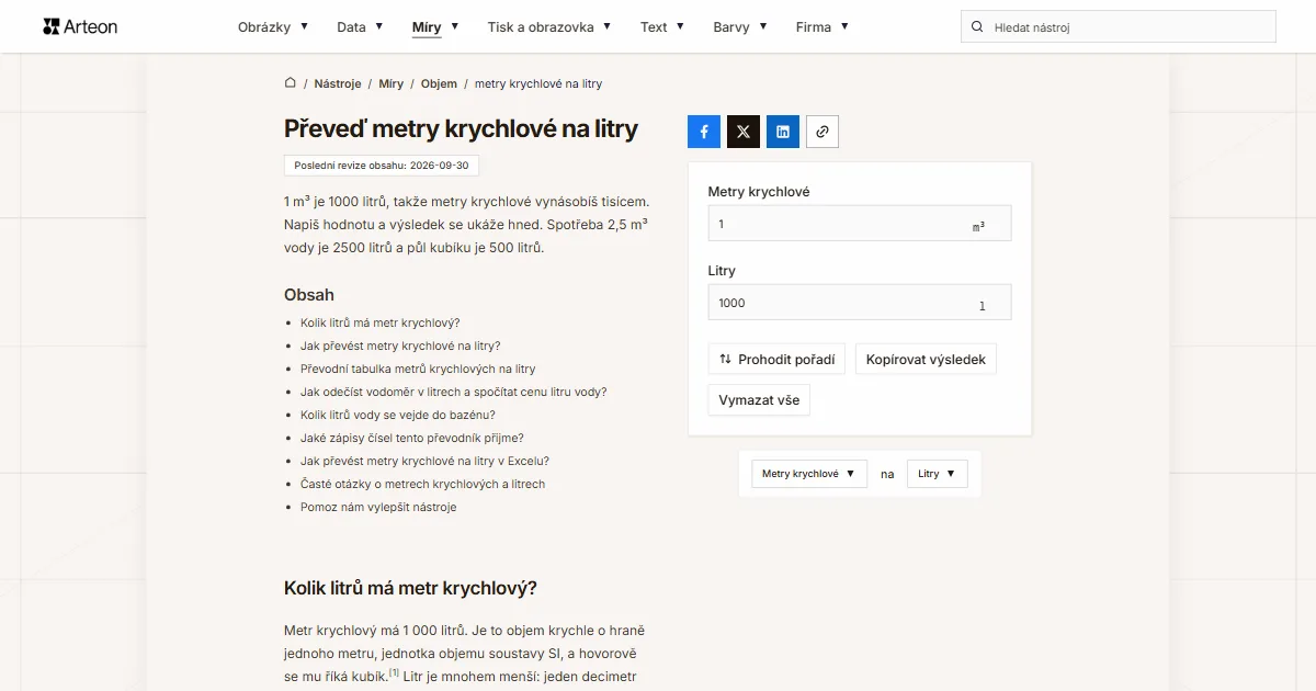 Snímek obrazovky bezplatného nástroje Arteon: Převeď metry krychlové na litry