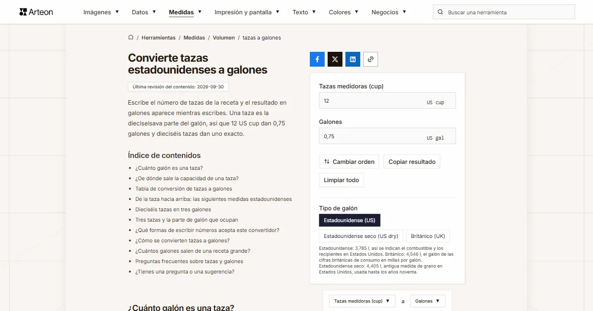Captura de pantalla de la herramienta gratuita de Arteon: Convierte tazas estadounidenses a galones
