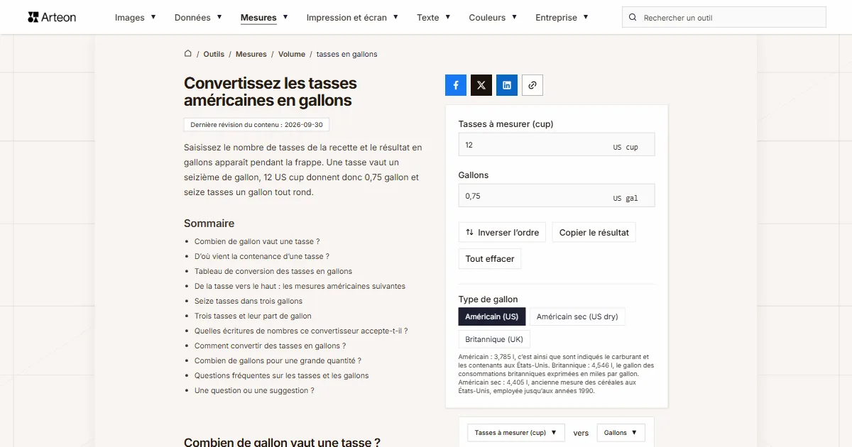 Capture d'écran de l'outil gratuit d'Arteon: Convertissez les tasses américaines en gallons