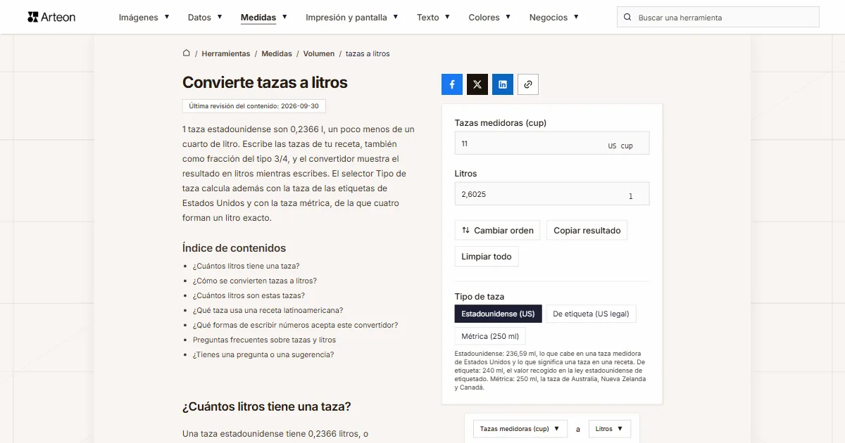 Captura de pantalla de la herramienta gratuita de Arteon: Convierte tazas a litros