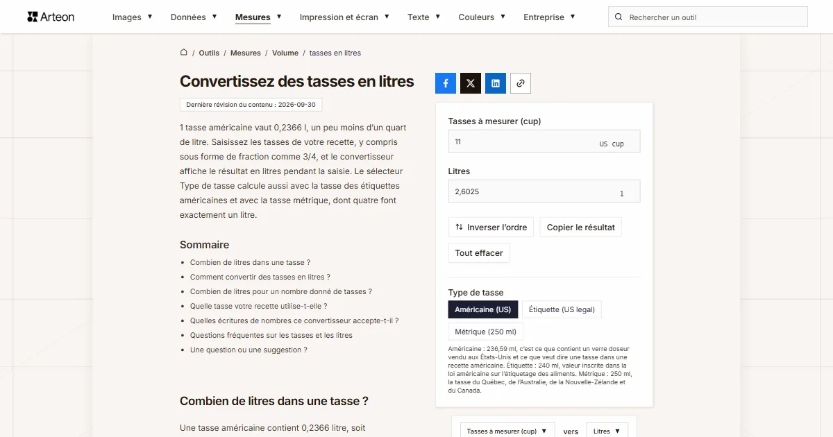 Capture d'écran de l'outil gratuit d'Arteon: Convertissez des tasses en litres