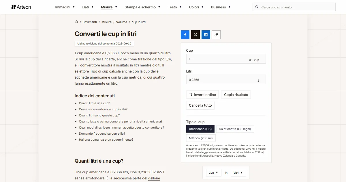 Screenshot dello strumento gratuito Arteon: Converti le cup in litri