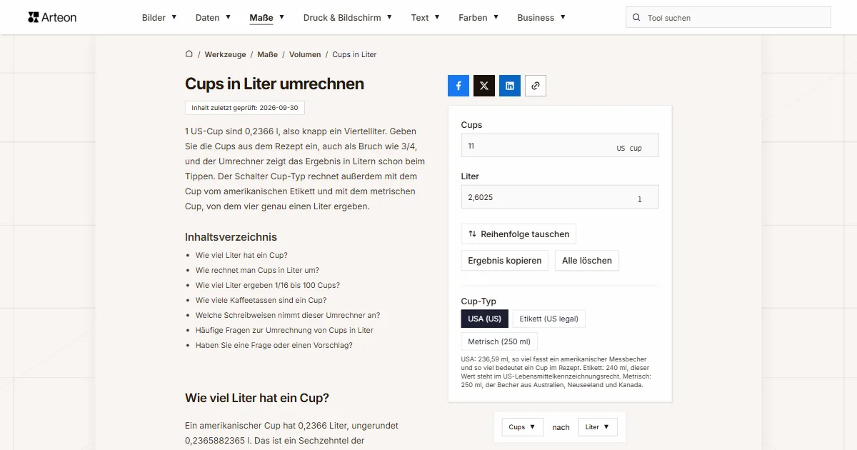 Screenshot des kostenlosen Arteon-Werkzeugs: Cups in Liter umrechnen