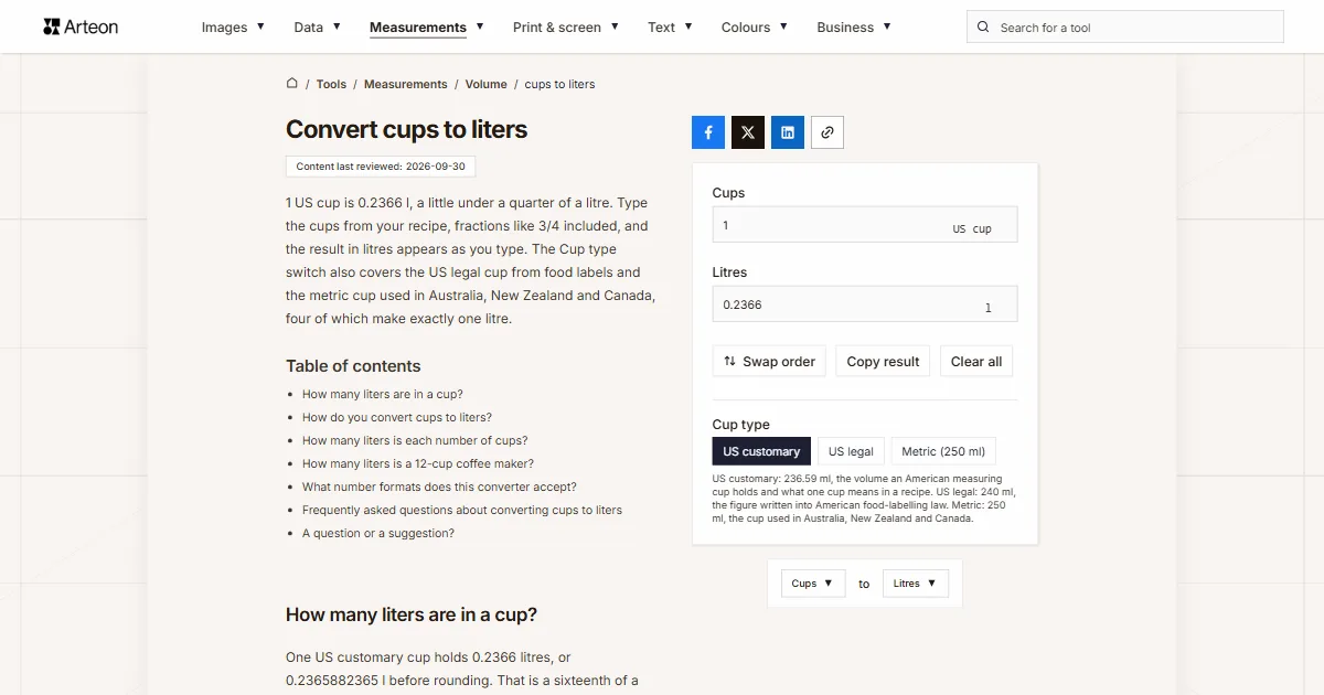 Arteon free tool screenshot: Convert cups to liters