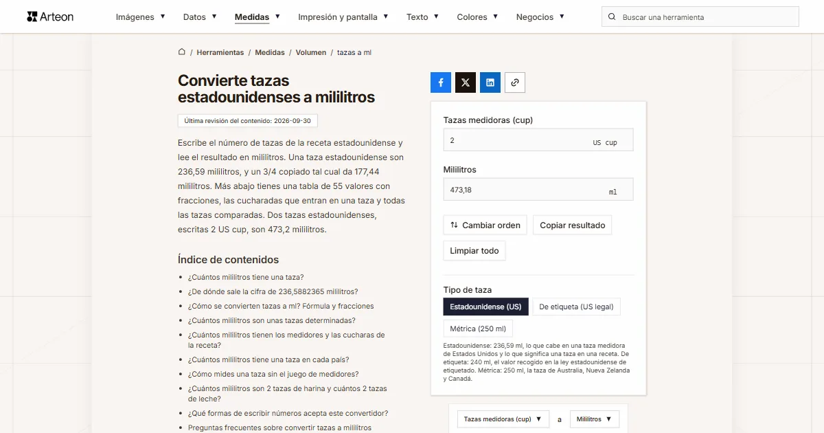Captura de pantalla de la herramienta gratuita de Arteon: Convierte tazas estadounidenses a mililitros