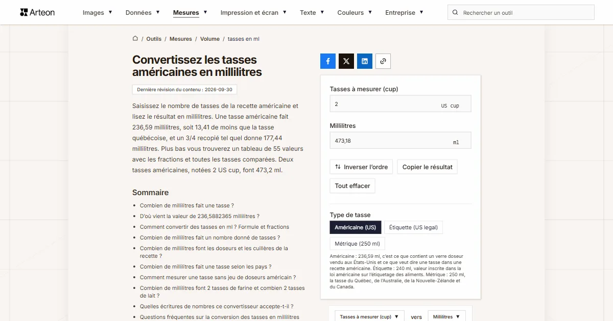 Capture d'écran de l'outil gratuit d'Arteon: Convertissez les tasses américaines en millilitres