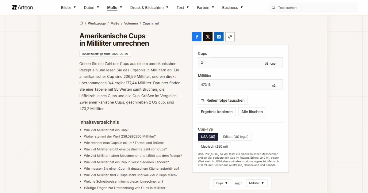 Cups in ml